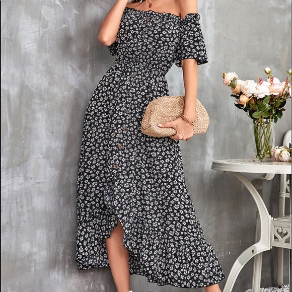 black and white floral off the shoulder dress Glassworks London Black And White Tiny Floral Print Off Shoulder Mini Dress